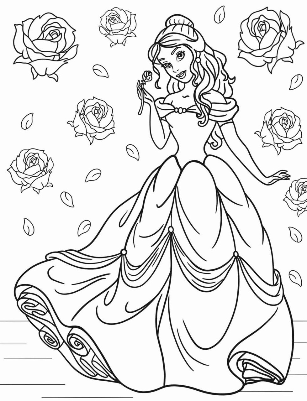 Desenho da Princesa da Disney Bela com rosas para colorir