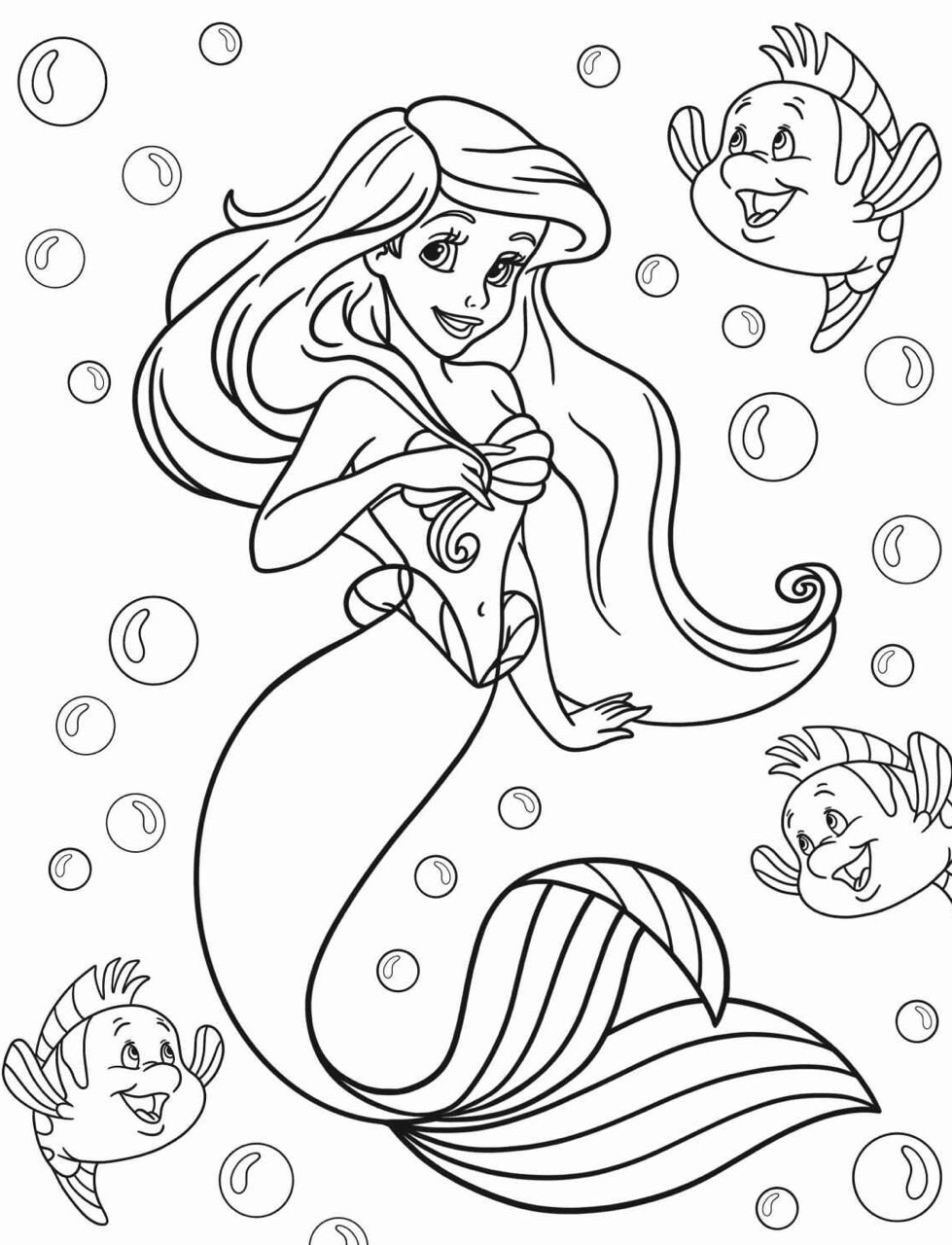 Desenho da Princesa da Disney Ariel com peixes para colorir