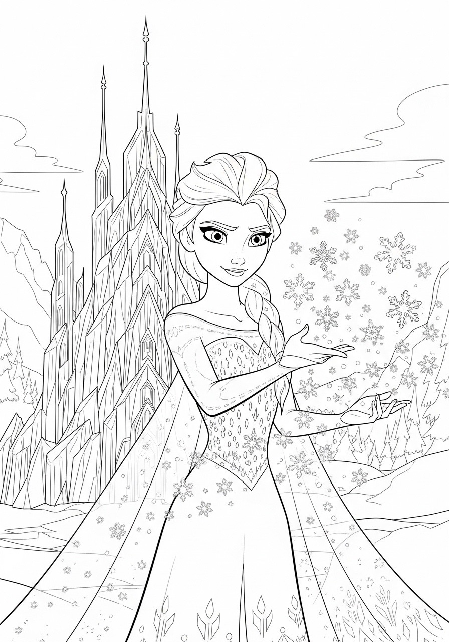 Desenho da Princesa da Disney Elsa usando magia do gelo para colorir