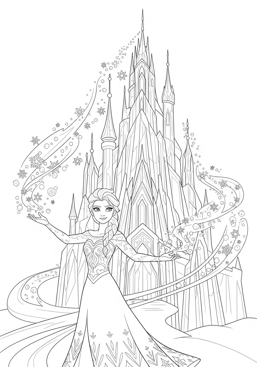 Desenho da Princesa da Disney Elsa com castelo para colorir