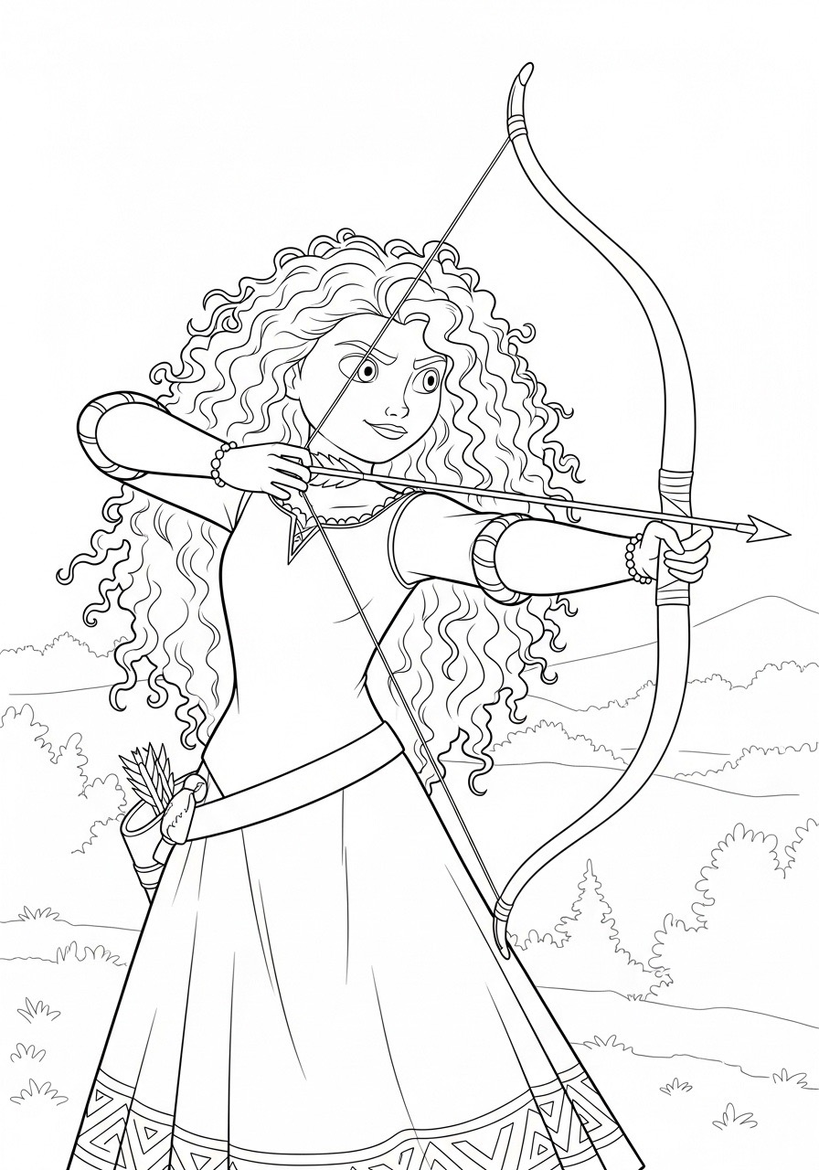 Desenho da Princesa da Disney Mérida com arco e flechas para colorir