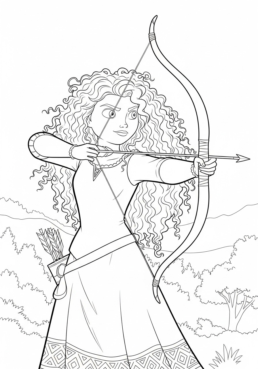 Desenho da Princesa da Disney Merida com arco e flecha para colorir