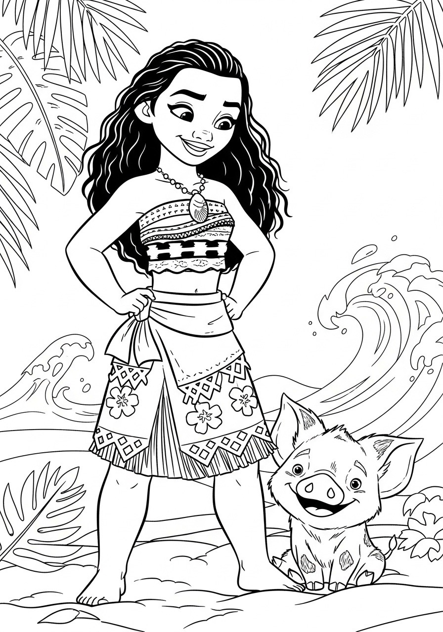 Desenho da Princesa da Disney Moana com o porquinho para colorir