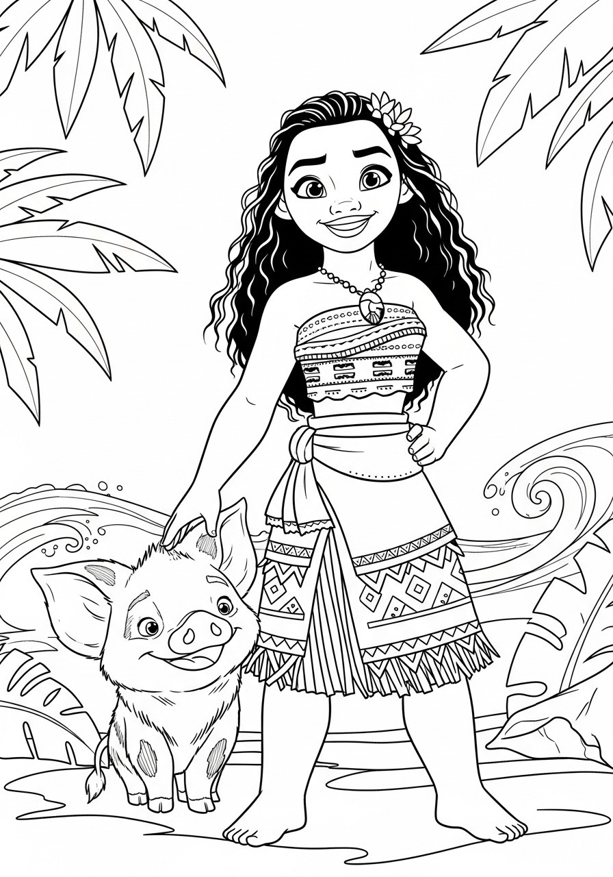 Desenho da Princesa da Disney Moana com o porquinho para colorir