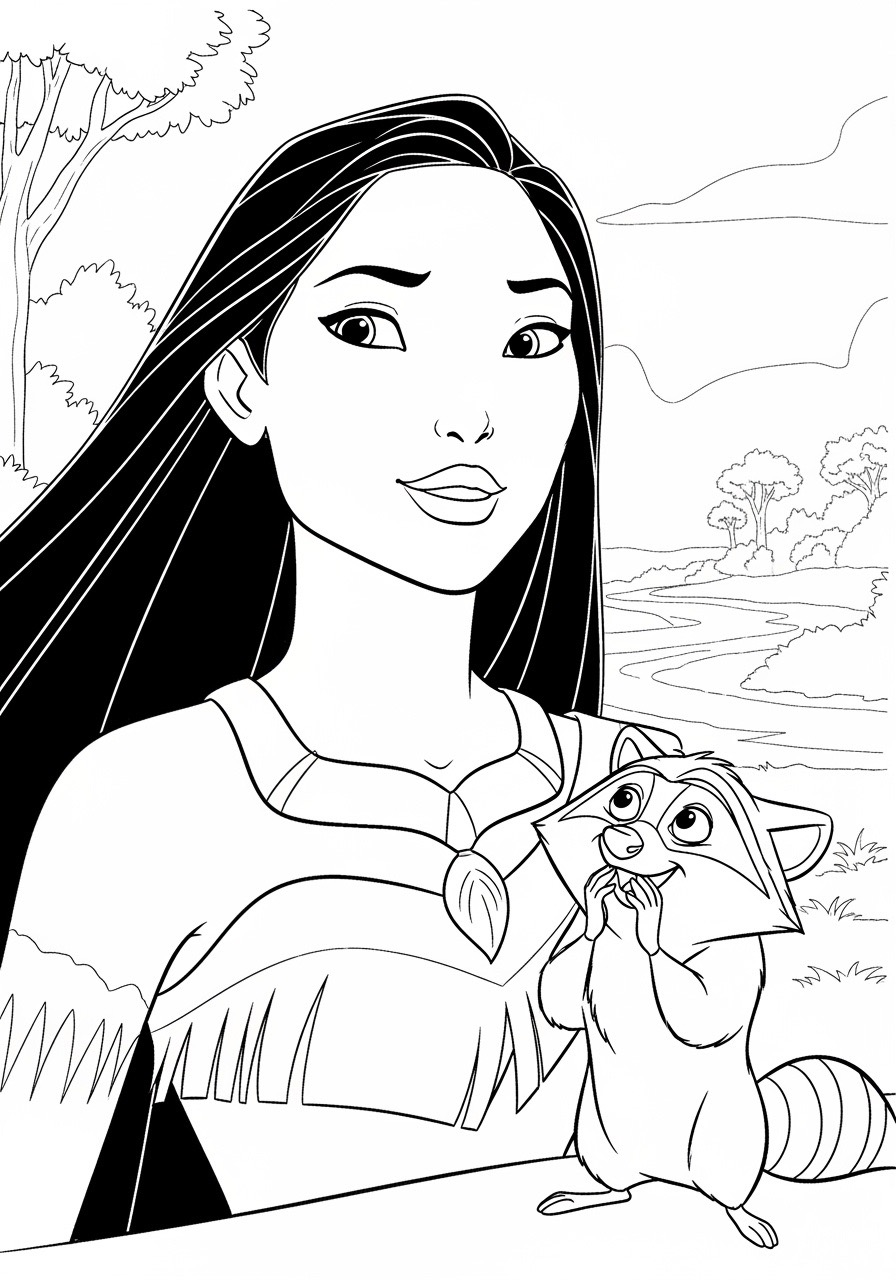 Desenho da Princesa da Disney Pocahontas com um guaxinim para colorir