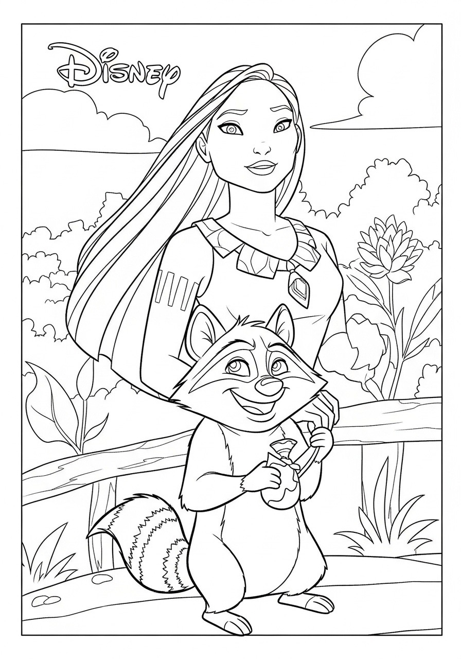 Desenho da Princesa Disney Pocahontas com um guaxinim para colorir