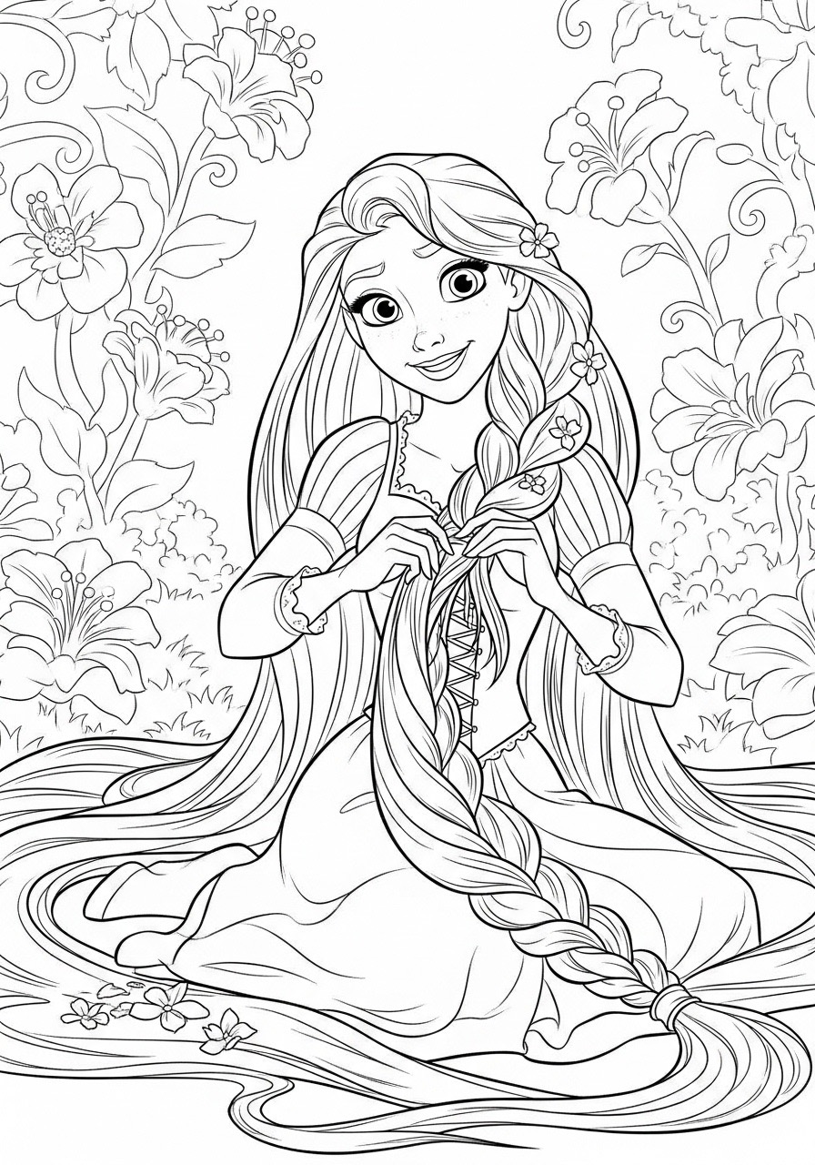 Desenho da Princesa da Disney Rapunzel sentada entre flores para colorir