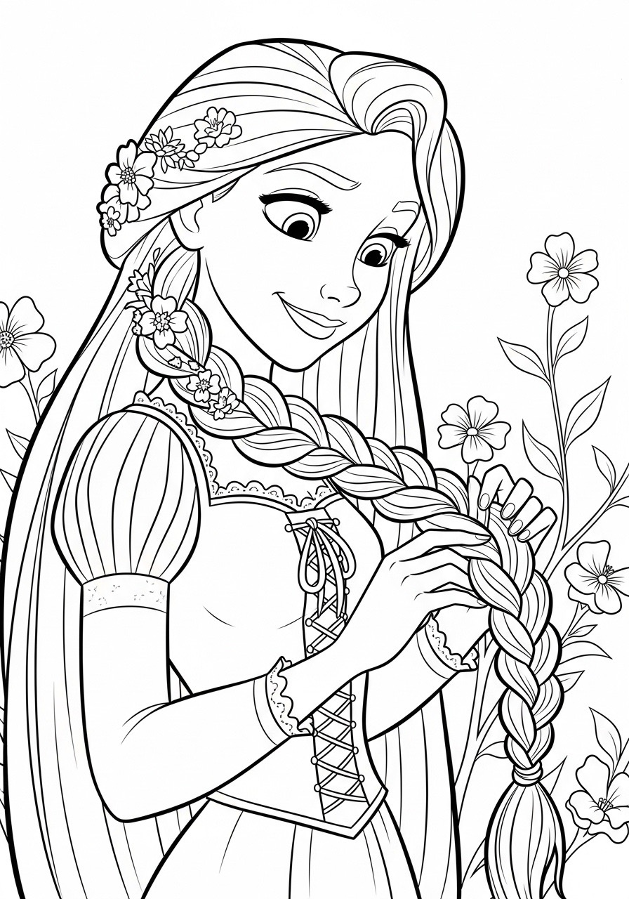 Desenho da Princesa da Disney Rapunzel preparando seu cabelo