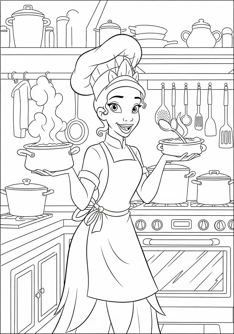 Desenho da Princesa da Disney Tiana cozinhando para colorir
