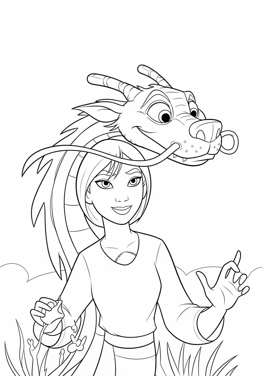 Desenho da Princesa da Disney Mulan com dragão para colorir