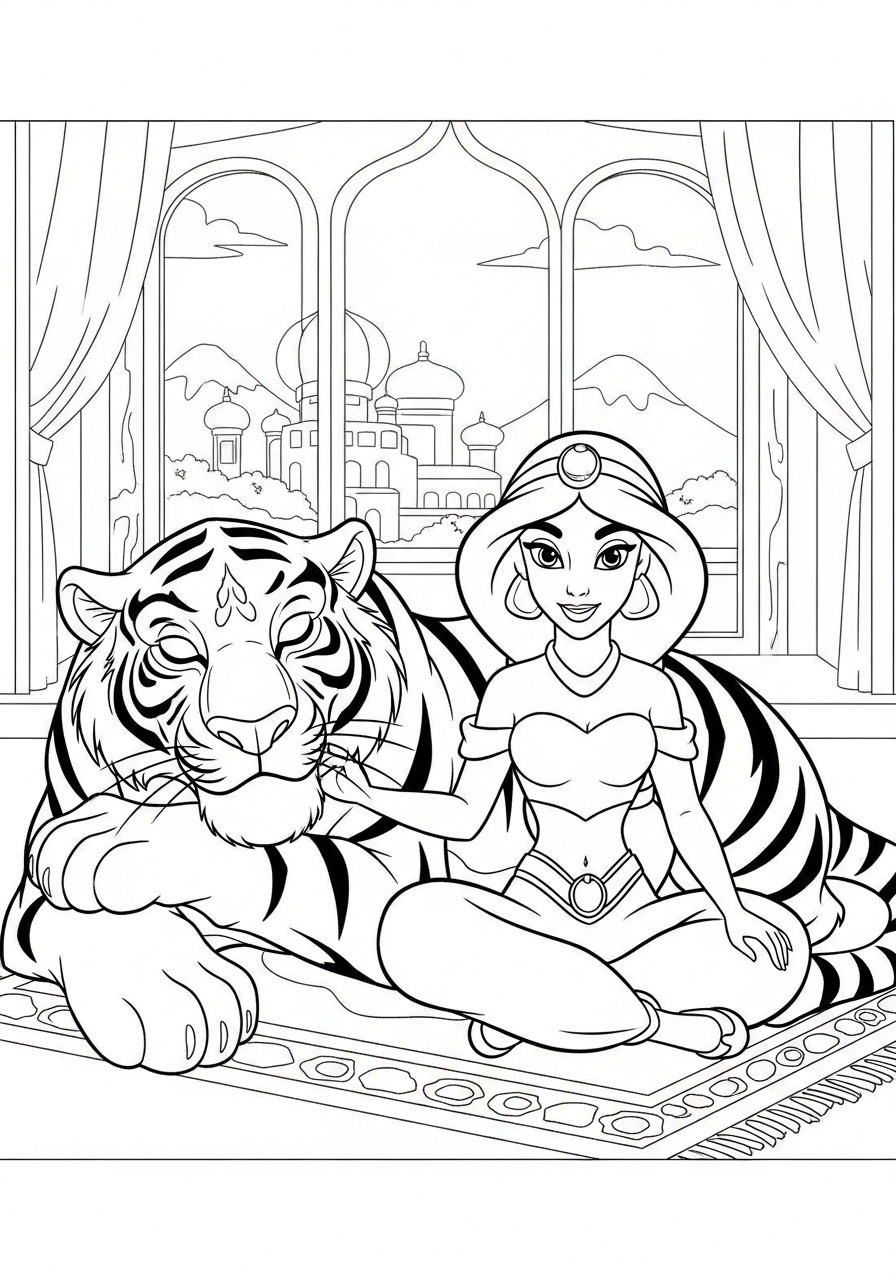 Desenho da Princesa da Disney Jasmine com tigre para colorir