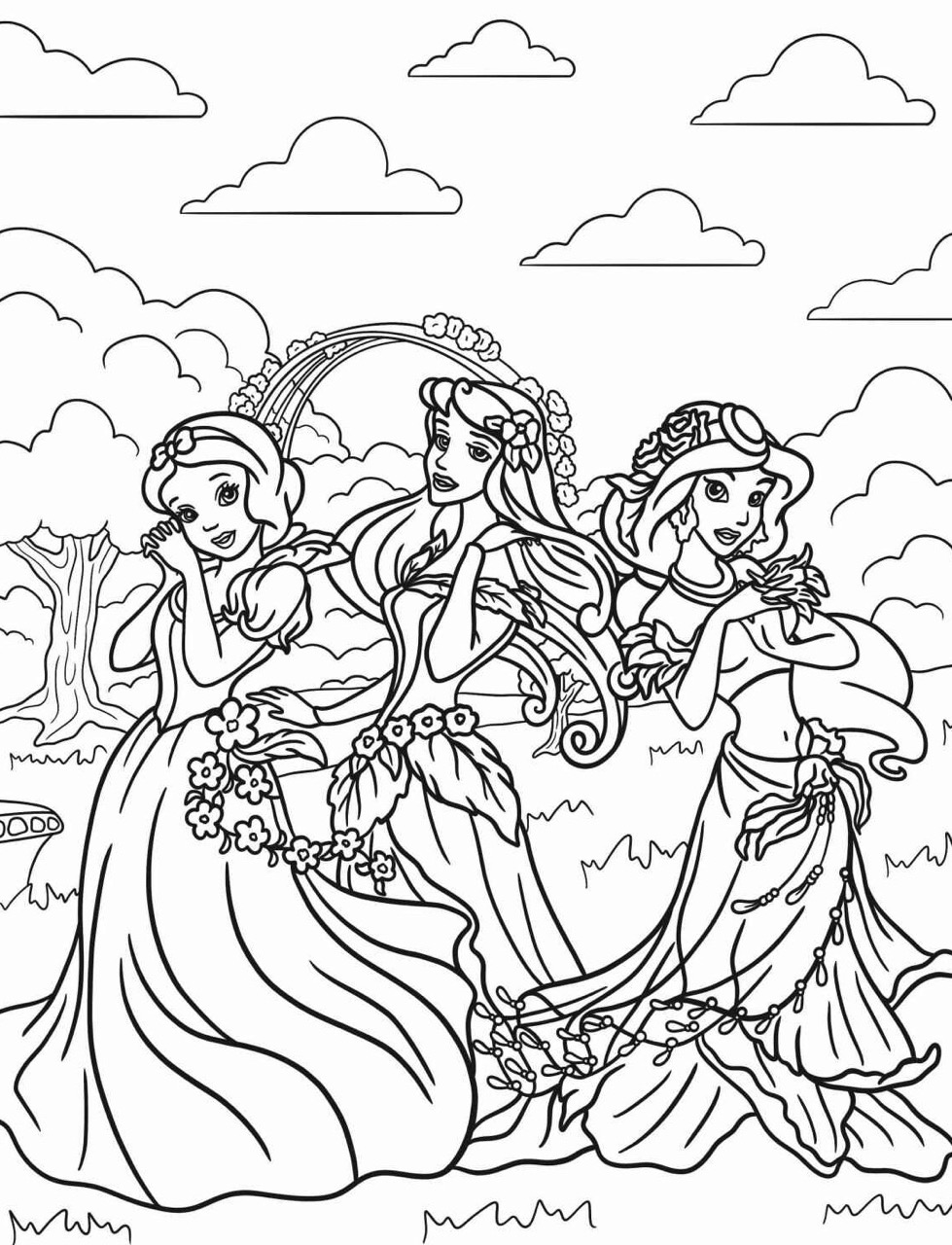 Desenho das Princesas da Disney Ariel Bela e Branca de Neve para colorir