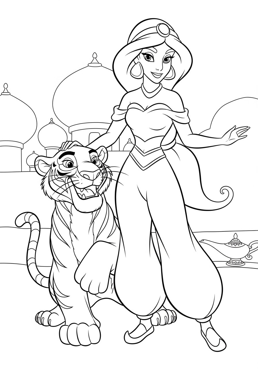 Desenho da Princesa Jasmine com o tigre Rajah para colorir