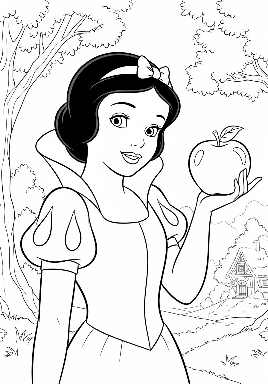 Desenho da Princesa da Disney Branca de Neve com uma maçã para colorir