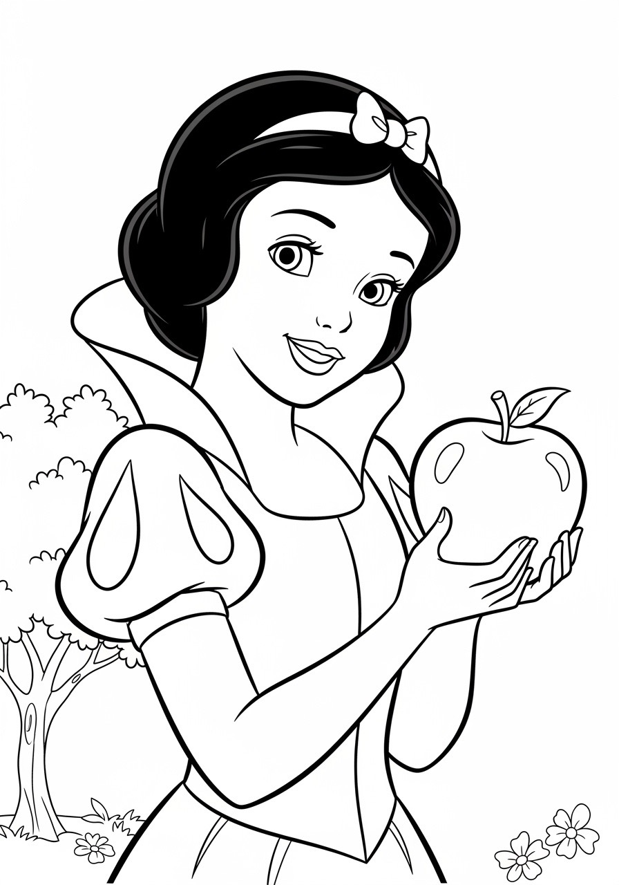 Desenho da Princesa da Disney Branca de Neve segurando maçã para colorir