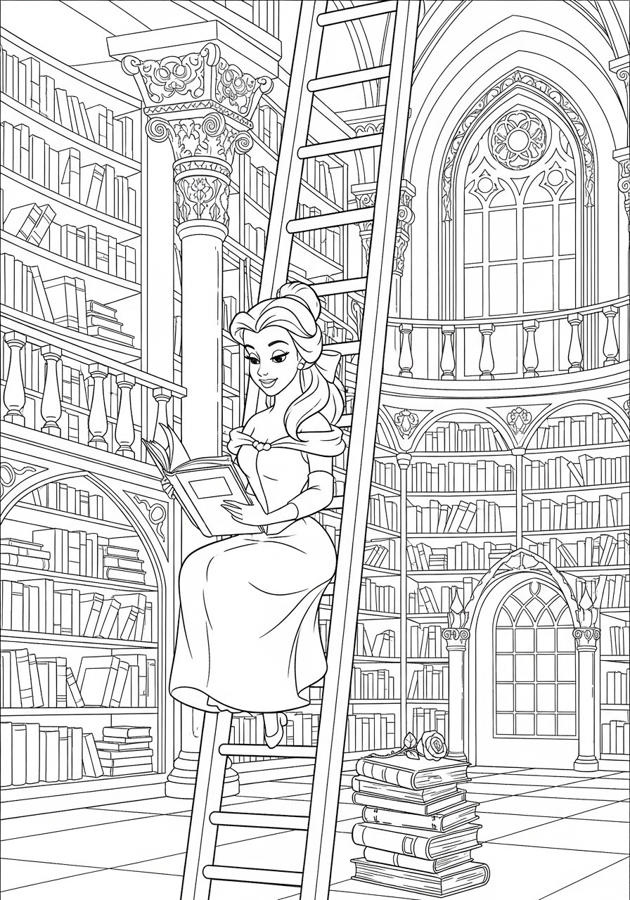 Desenho da Princesa da Disney Bela lendo em uma biblioteca