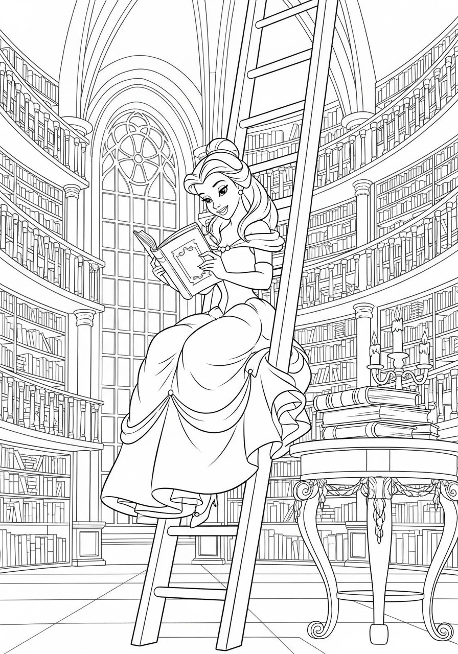 Desenho da Princesa da Disney Bela lendo em uma biblioteca para colorir