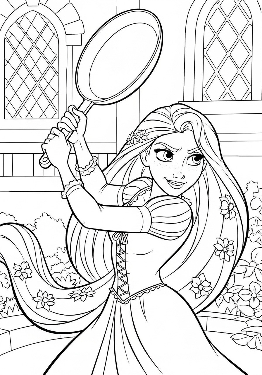 Desenho da Princesa Rapunzel segurando uma frigideira para colorir