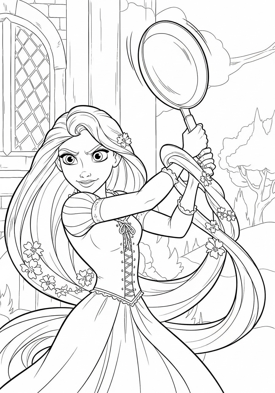 Desenho da Princesa da Disney Rapunzel com panela para colorir
