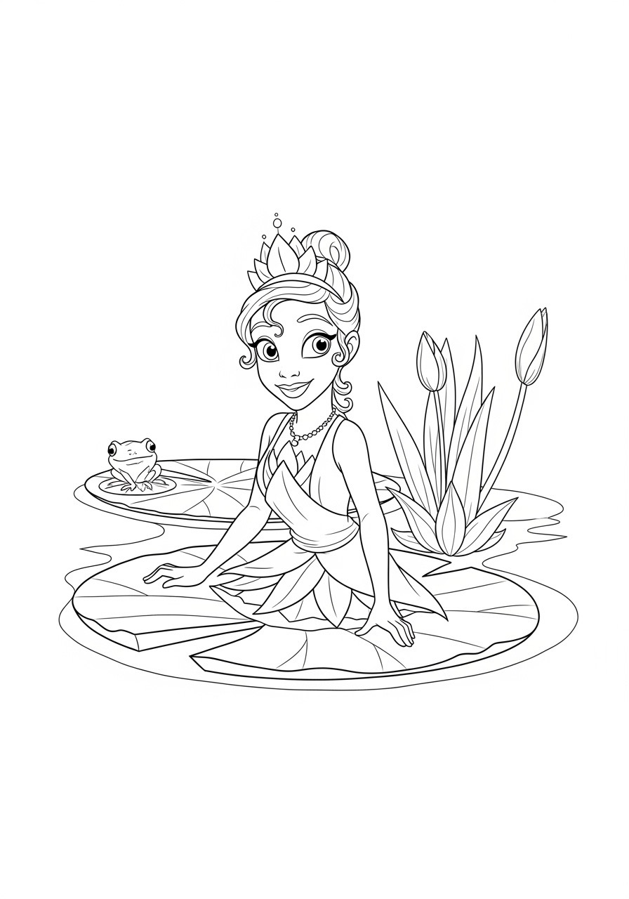 Desenho da Princesa Tiana na lagoa com sapo para colorir