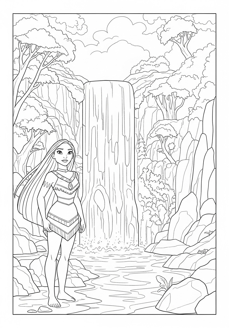 Desenho da Princesa da Disney Pocahontas perto da cachoeira para colorir