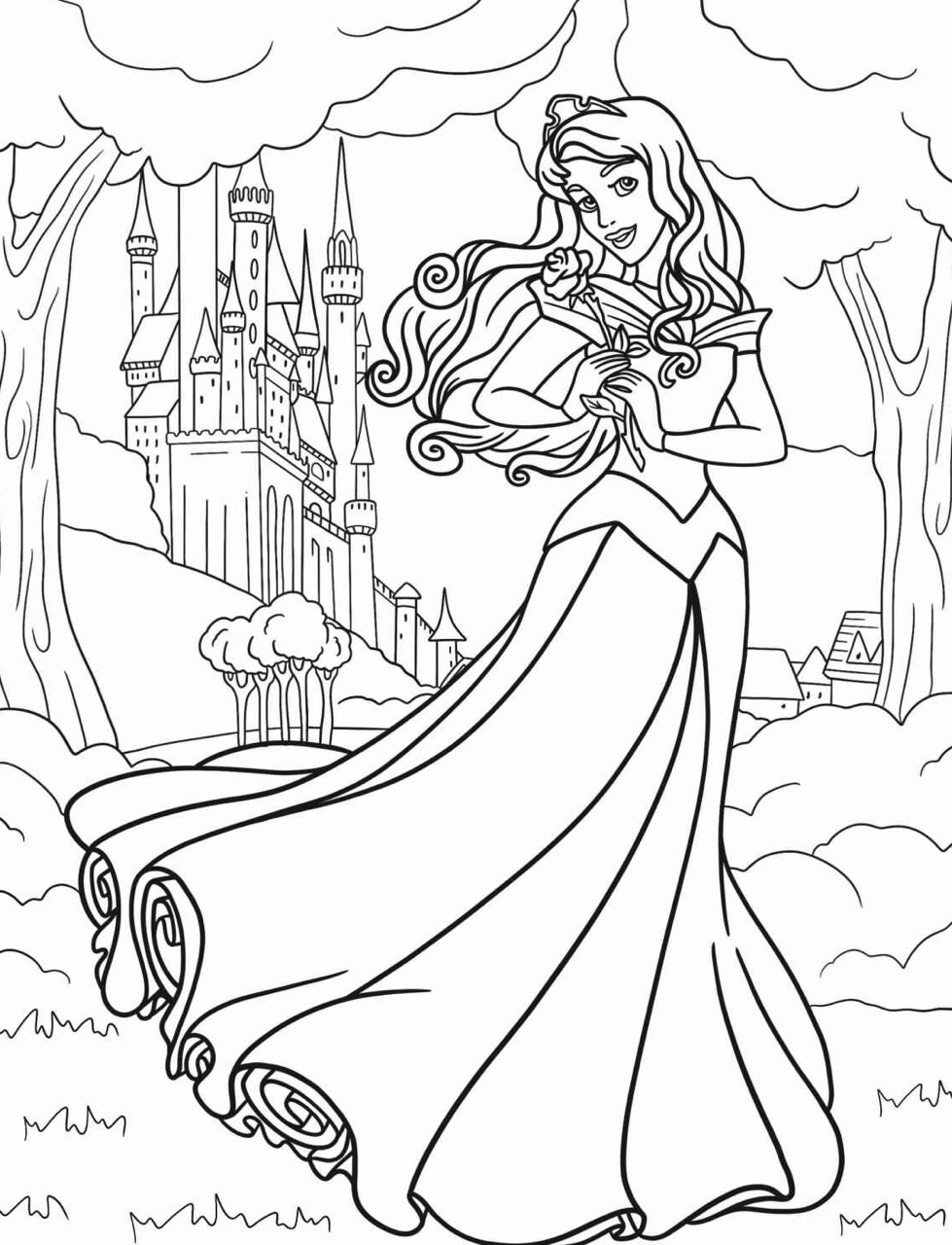 Desenho da Princesa da Disney Bela com rosa para colorir