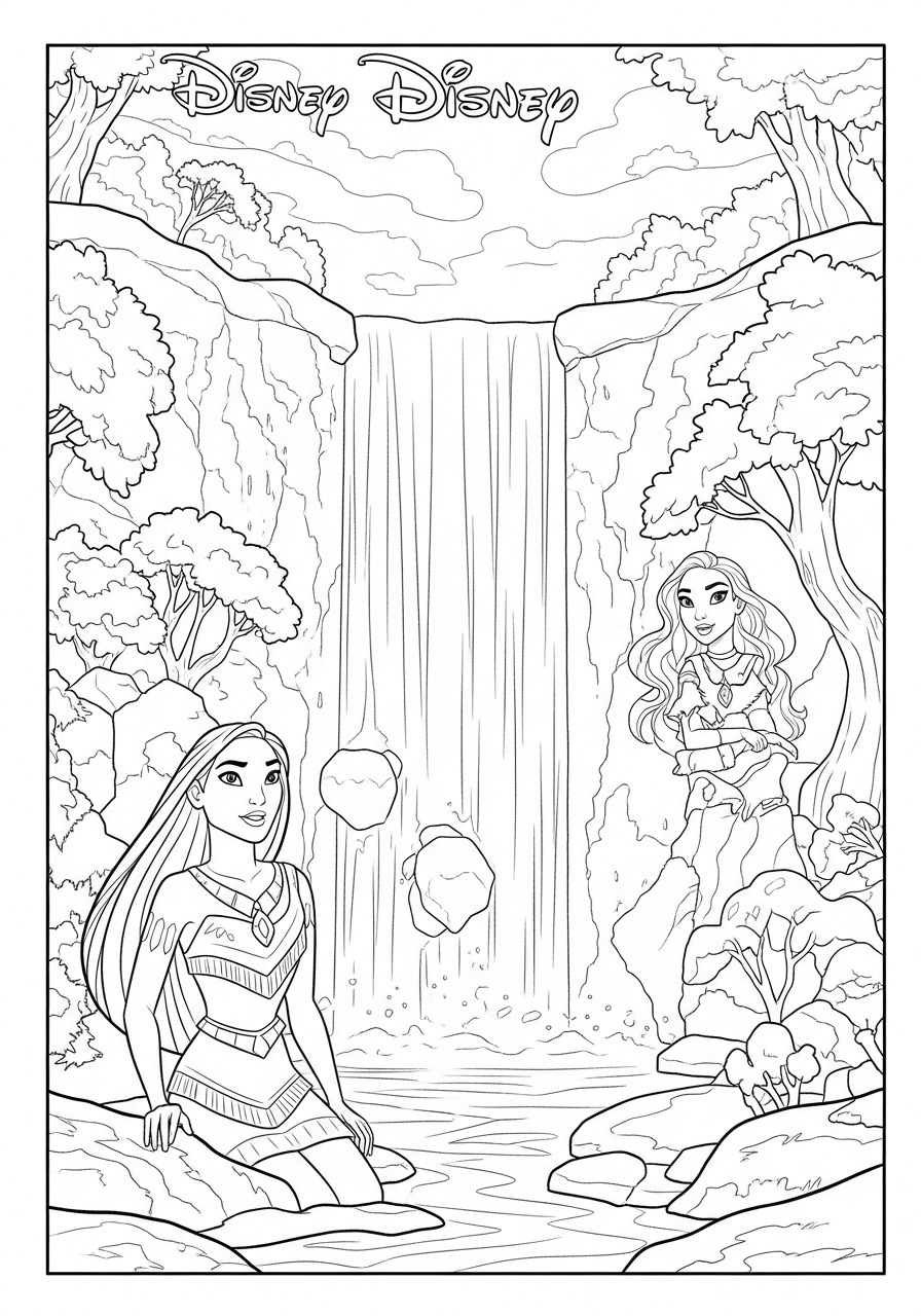 Desenho da Princesa da Disney Moana perto de uma cachoeira