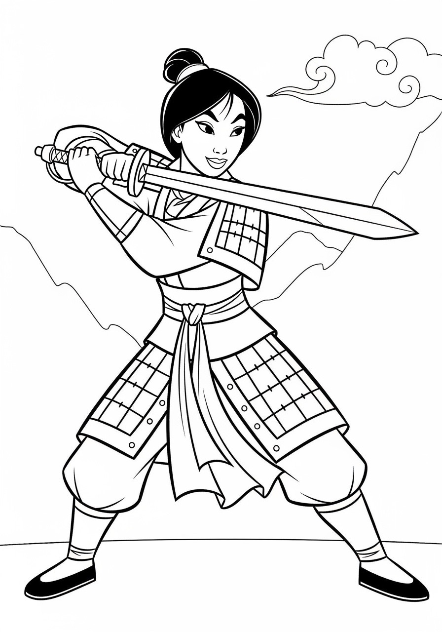 Desenho da Princesa da Disney Mulán segurando uma espada para colorir