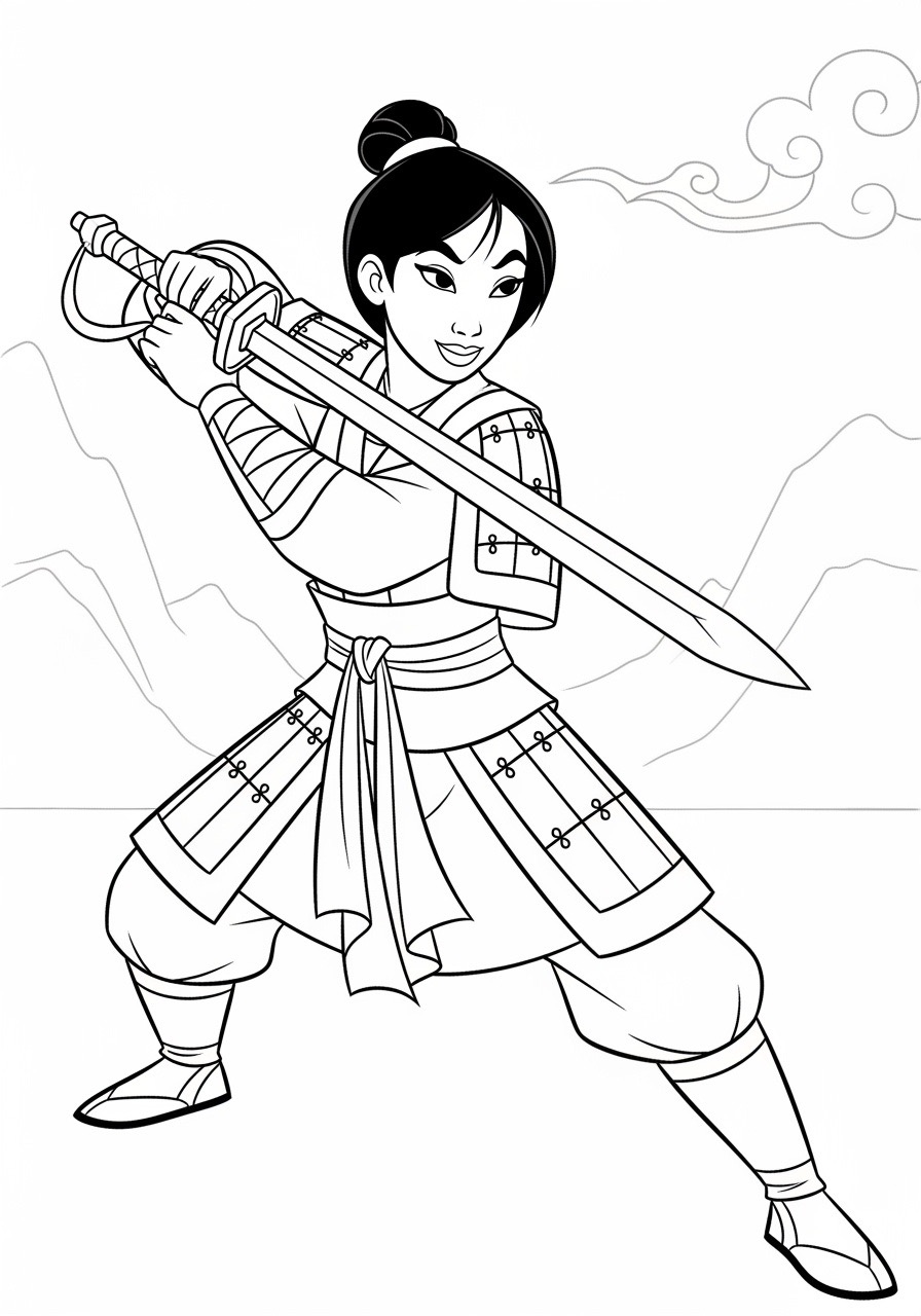 Desenho da Princesa da Disney Mulan pronta para colorir