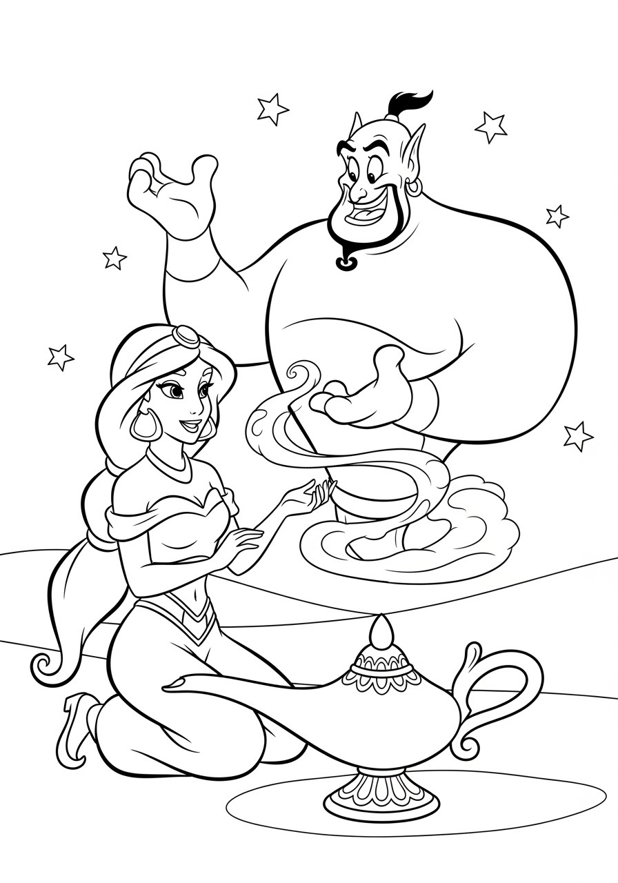 Desenho da Princesa da Disney Jasmine e o Gênio para colorir