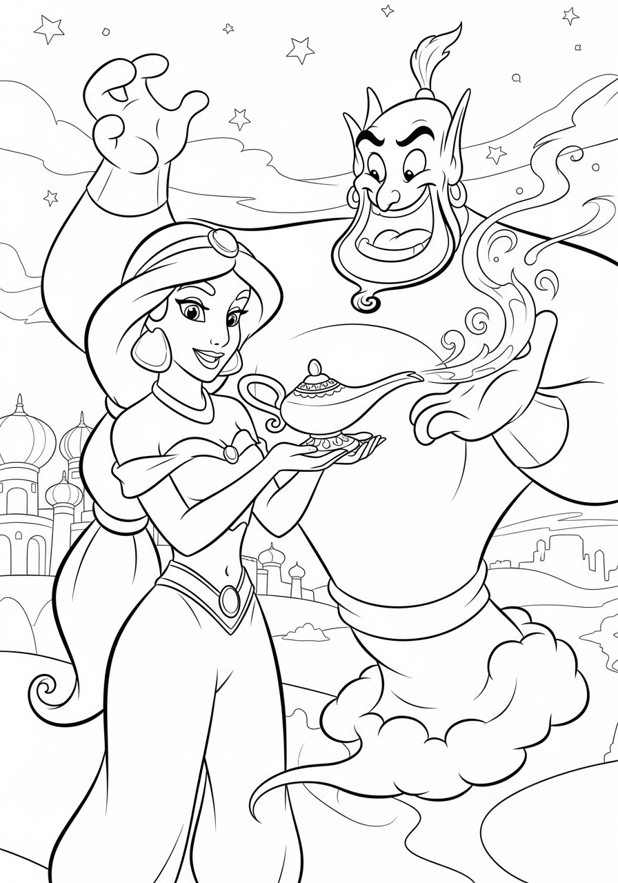 Desenho da Princesa da Disney Jasmine com o gênio para colorir