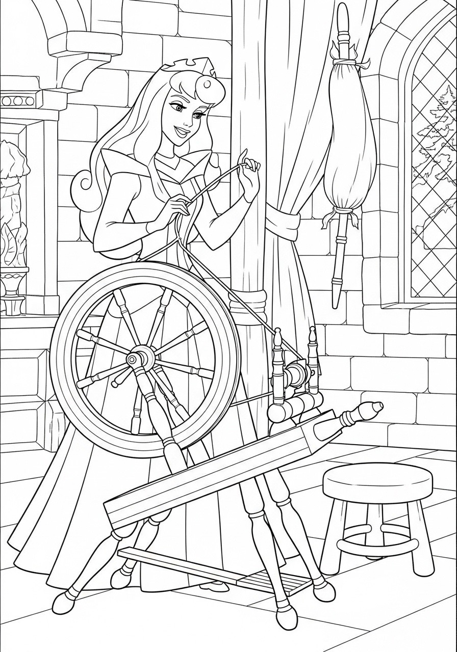Desenho da Princesa da Disney Aurora com roca de fiar para colorir