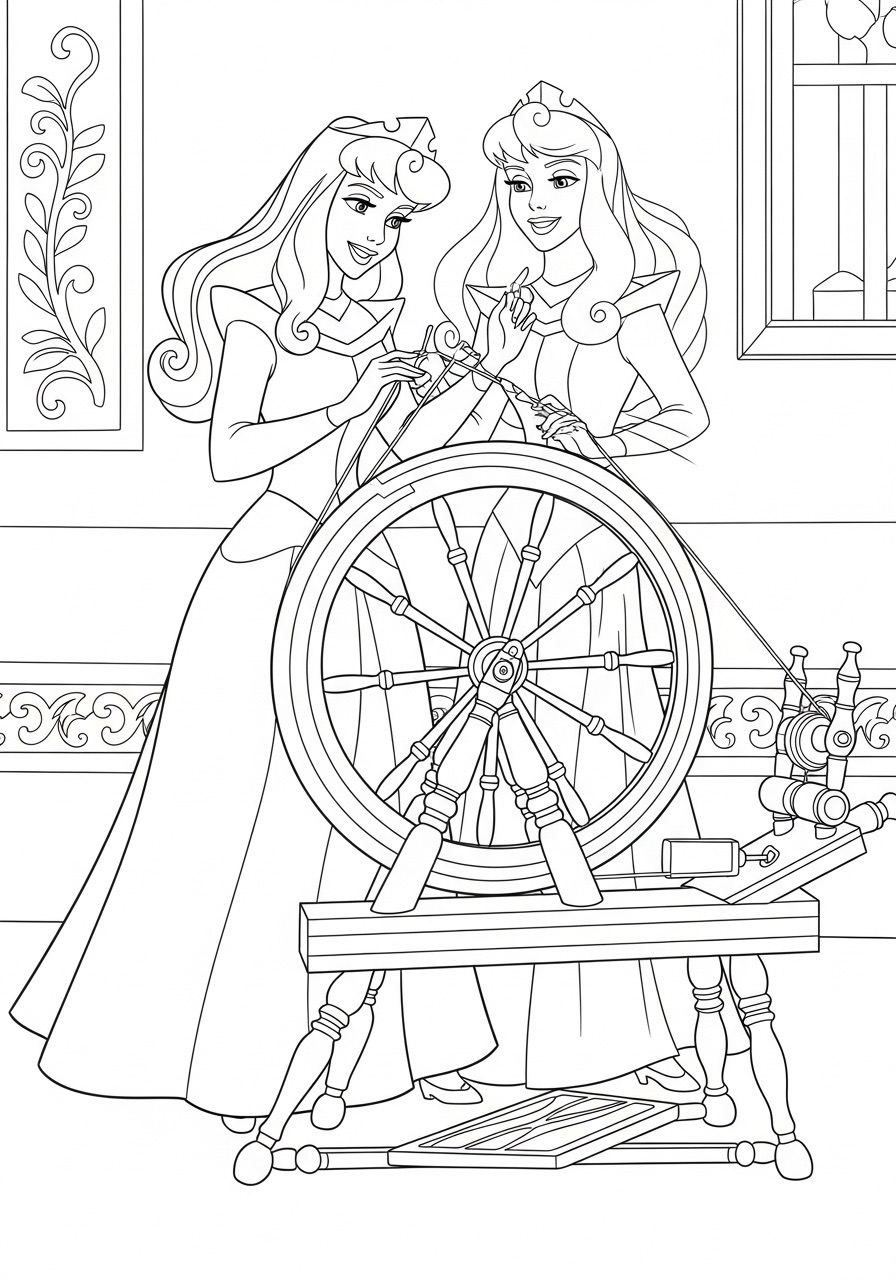 Desenho da Princesa da Disney Aurora com o fuso para colorir