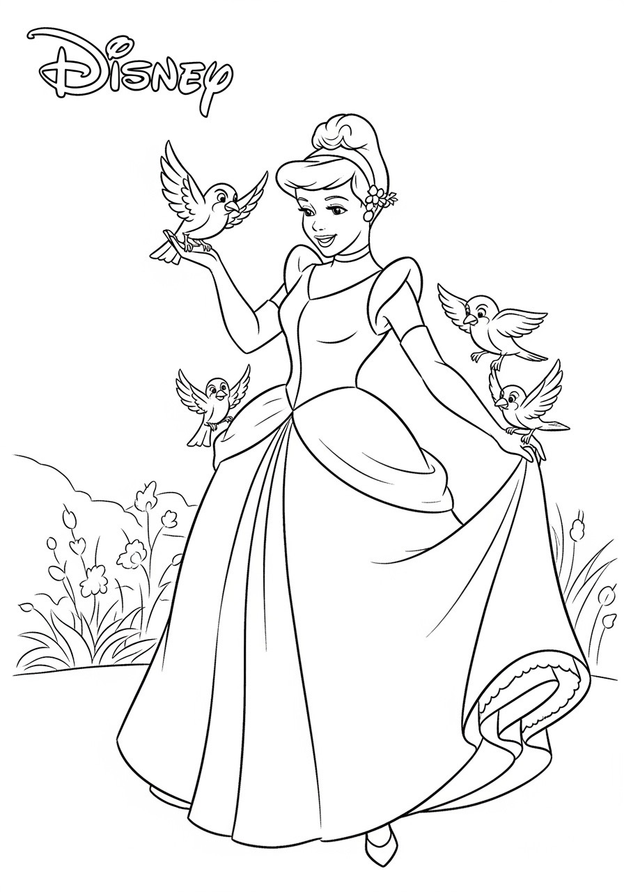 Desenho da Princesa da Disney Cinderela rodeada de pássaros