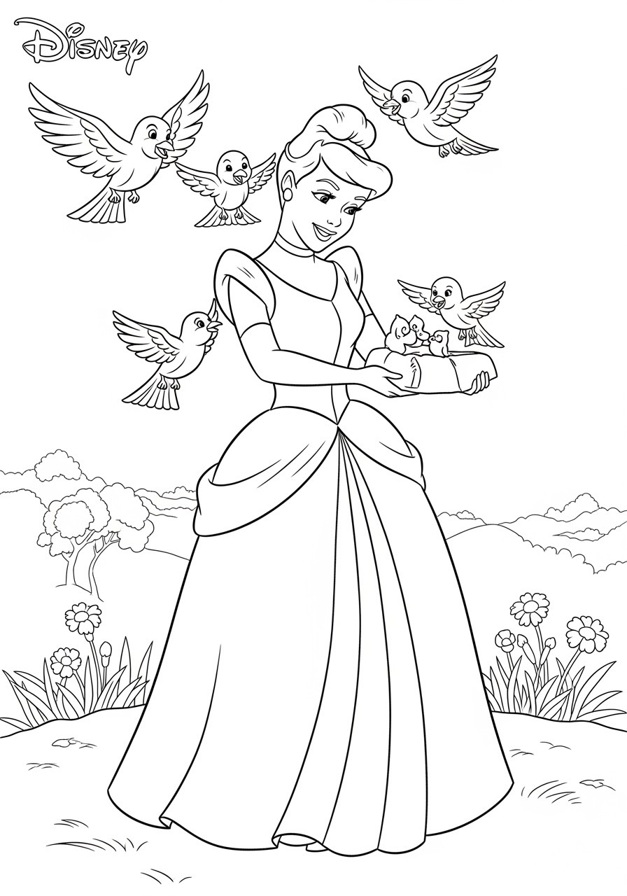 Desenho da Princesa da Disney Cinderela com passáros para colorir