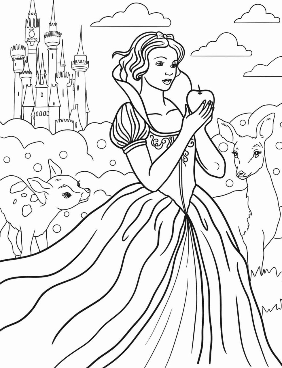 Desenho da Princesa da Disney Branca de Neve com animal para colorir