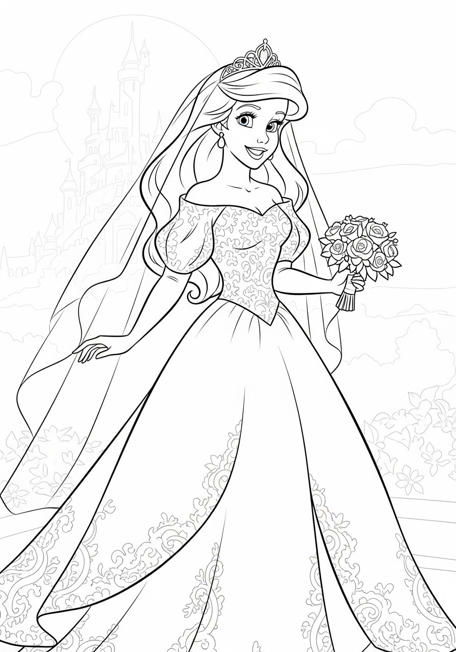 Desenho da Princesa da Disney Ariel em vestido de noiva para colorir