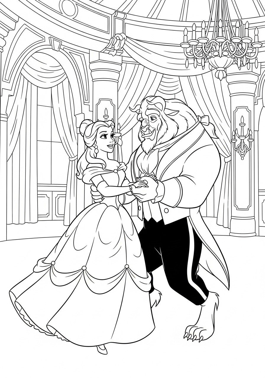 Desenho da Princesa Bela dançando com a Fera para colorir