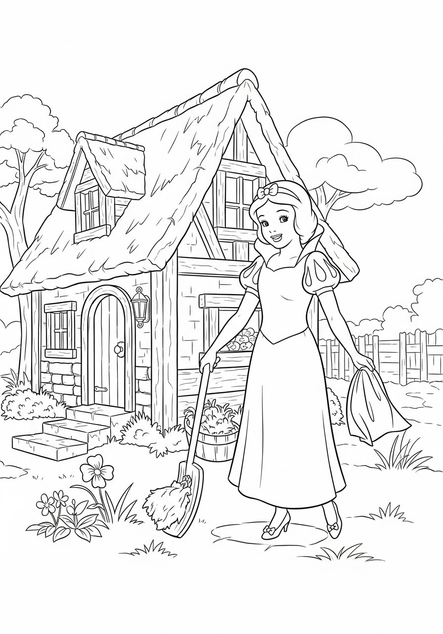 Desenho da Princesa da Disney Branca de Neve em uma casa