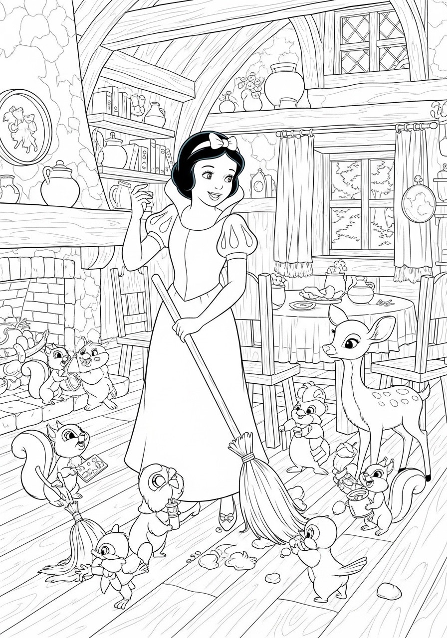 Desenho da Princesa Branca de Neve limpando com os animais