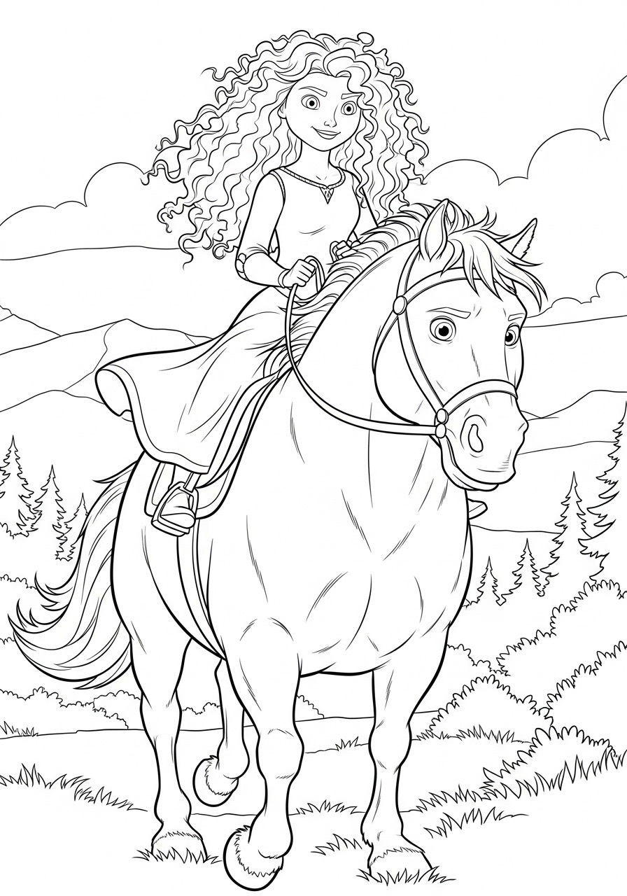Desenho da Princesa Rapunzel montada em um cavalo para colorir