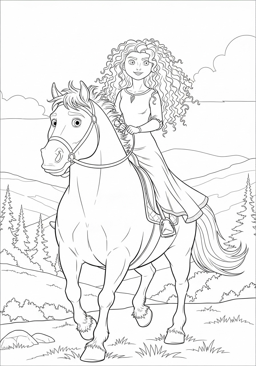Desenho da Princesa da Disney Rapunzel montada em cavalo para colorir