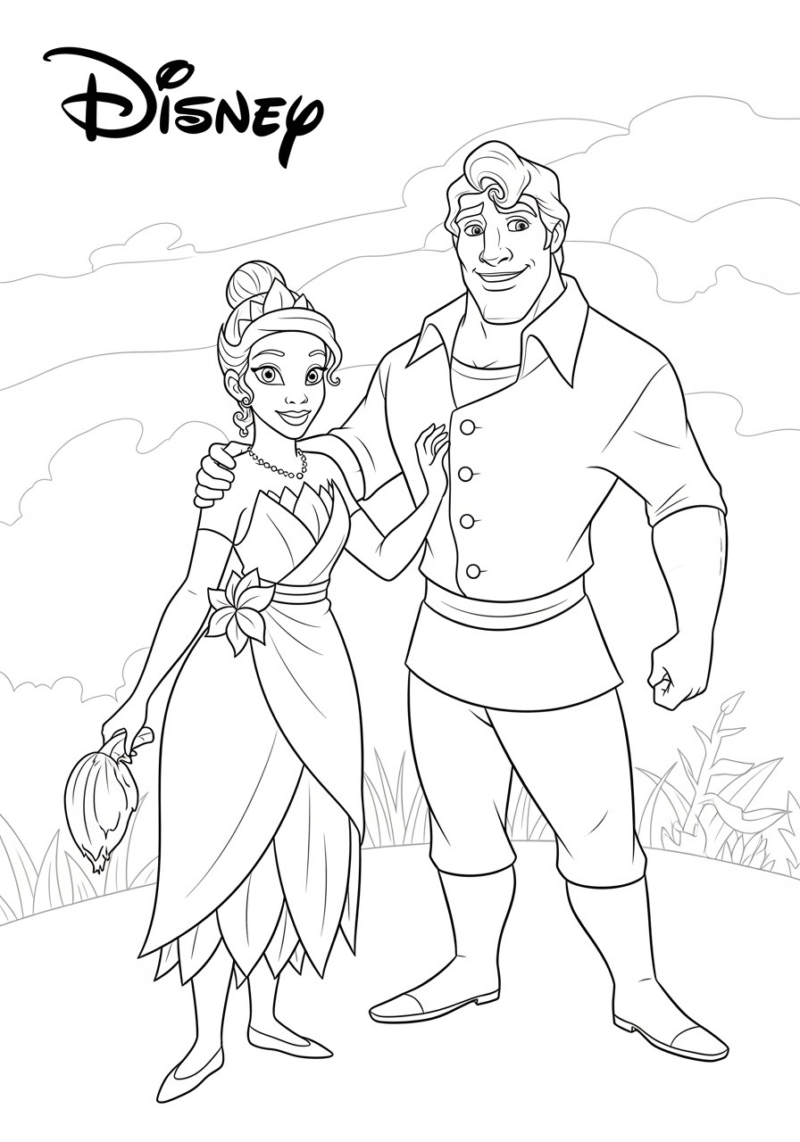 Desenho da Princesa da Disney Tiana com o príncipe para colorir