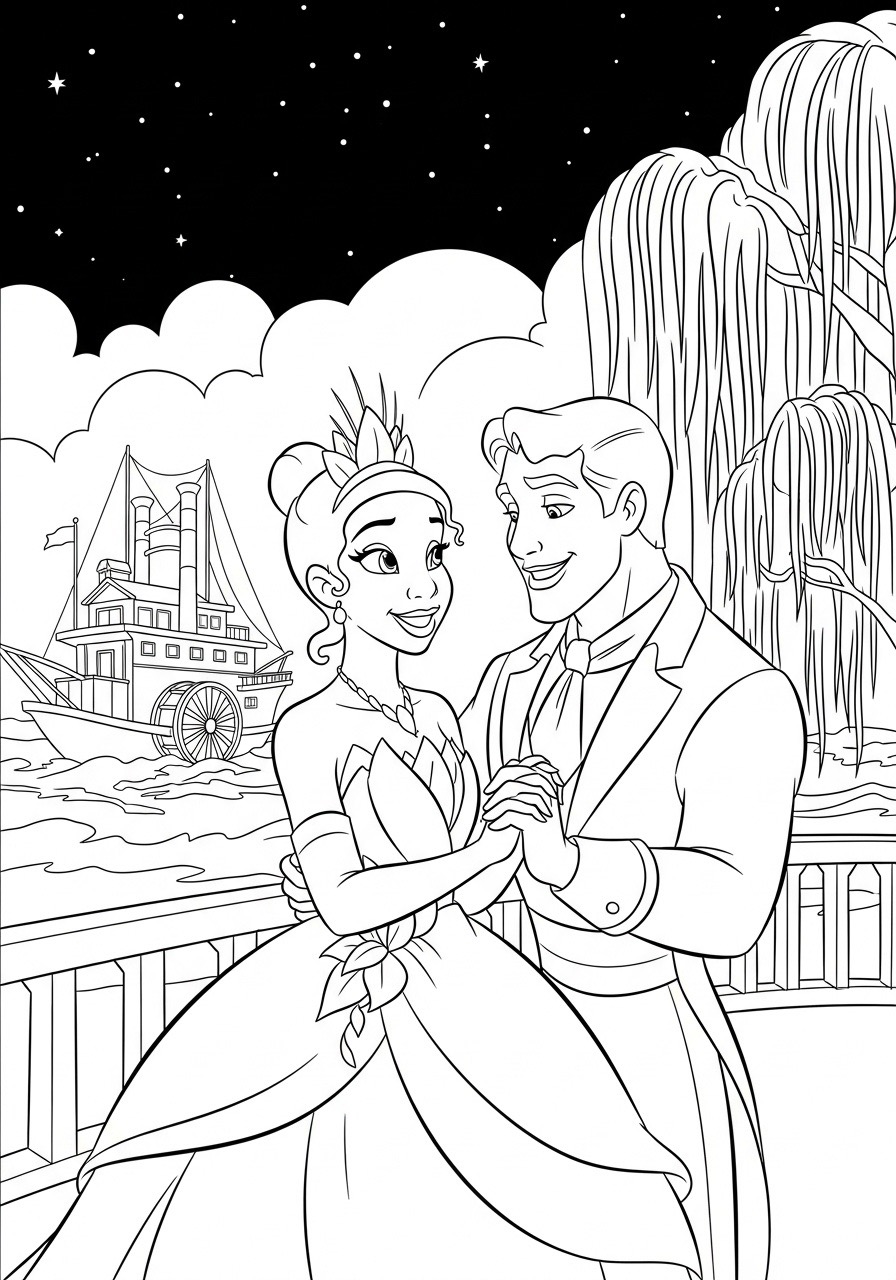 Desenho da Princesa da Disney Tiana com o príncipe para colorir