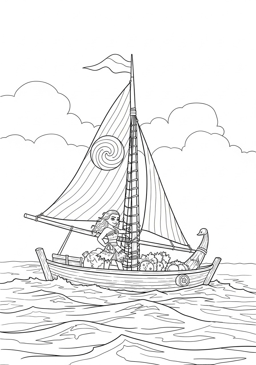 Desenho da Princesa da Disney Moana navegando em um barco