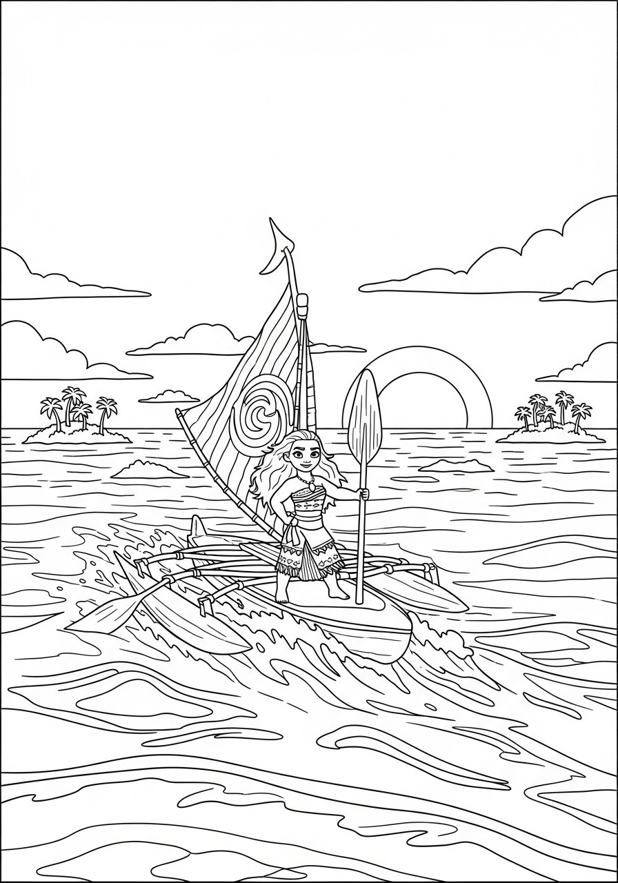 Desenho da Princesa Disney Moana navegando no mar para colorir