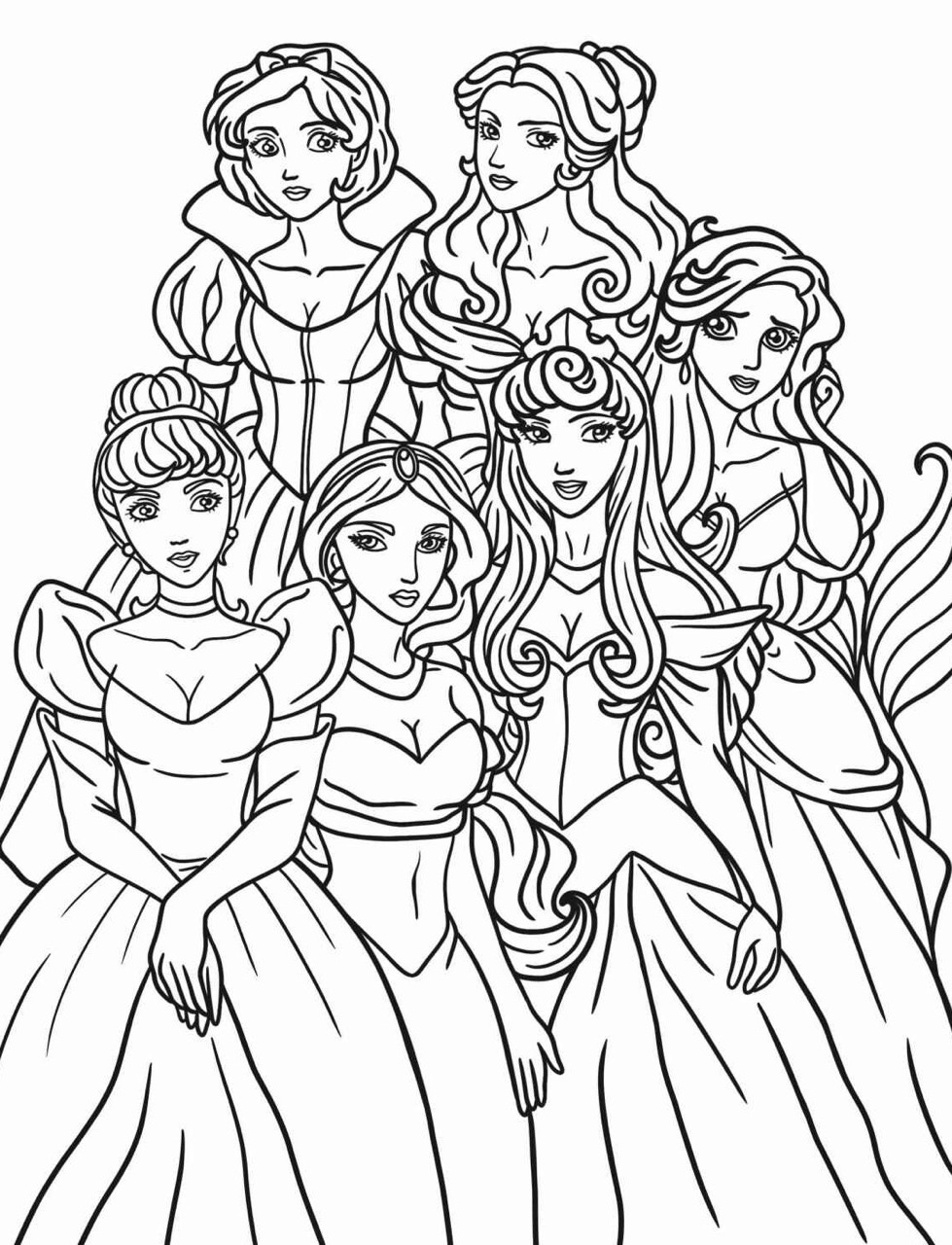 Desenho das Princesas da Disney em grupo para colorir