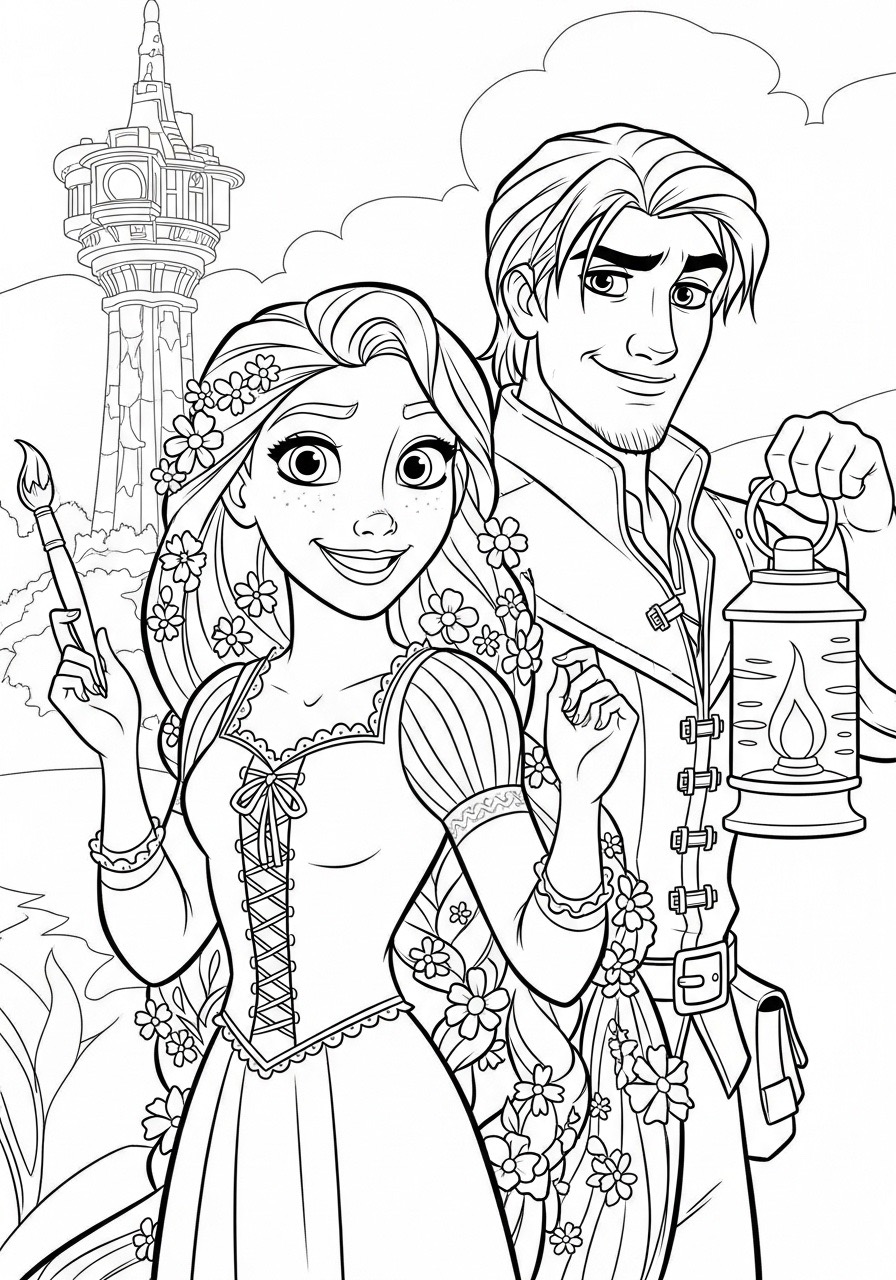 Desenho da Princesa da Disney Rapunzel com Flynn Rider para colorir
