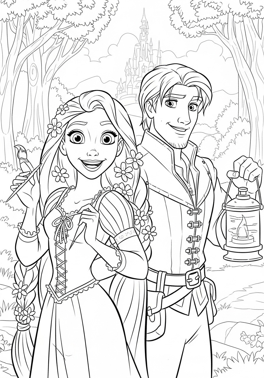 Desenho da Princesa da Disney Rapunzel e Flynn Rider para colorir