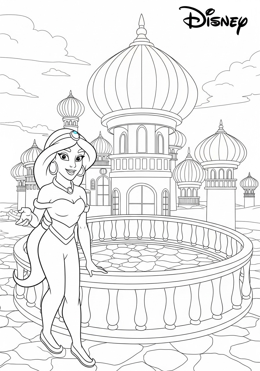 Desenho da Princesa da Disney Jasmine em palácio para colorir